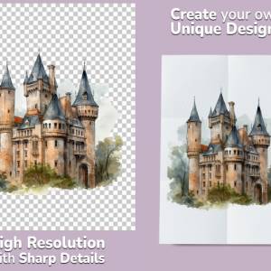 Mittelalter Schloss Clipart Bundle - 8x PNG Bilder Transparenter Hintergrund - Aquarell gemalte Schlösser & Burgen Bild 2