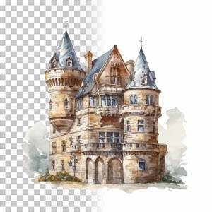 Mittelalter Schloss Clipart Bundle - 8x PNG Bilder Transparenter Hintergrund - Aquarell gemalte Schlösser & Burgen Bild 3