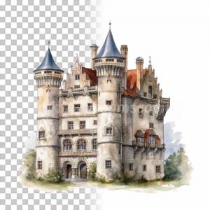 Mittelalter Schloss Clipart Bundle - 8x PNG Bilder Transparenter Hintergrund - Aquarell gemalte Schlösser & Burgen Bild 4