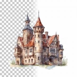 Mittelalter Schloss Clipart Bundle - 8x PNG Bilder Transparenter Hintergrund - Aquarell gemalte Schlösser & Burgen Bild 5