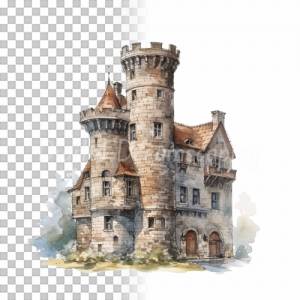Mittelalter Schloss Clipart Bundle - 8x PNG Bilder Transparenter Hintergrund - Aquarell gemalte Schlösser & Burgen Bild 6
