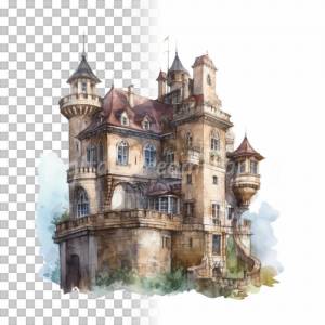 Mittelalter Schloss Clipart Bundle - 8x PNG Bilder Transparenter Hintergrund - Aquarell gemalte Schlösser & Burgen Bild 7