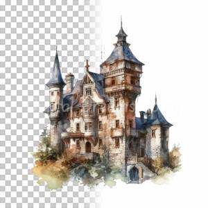 Mittelalter Schloss Clipart Bundle - 8x PNG Bilder Transparenter Hintergrund - Aquarell gemalte Schlösser & Burgen Bild 8