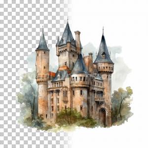 Mittelalter Schloss Clipart Bundle - 8x PNG Bilder Transparenter Hintergrund - Aquarell gemalte Schlösser & Burgen Bild 9
