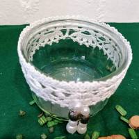 2 Stck. Teelichtglas Naschi Glas häkeln mit Häkelborte weiß Bild 2