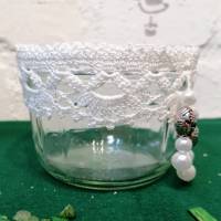 2 Stck. Teelichtglas Naschi Glas häkeln mit Häkelborte weiß Bild 5