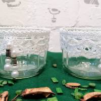 2 Stck. Teelichtglas Naschi Glas häkeln mit Häkelborte weiß Bild 9