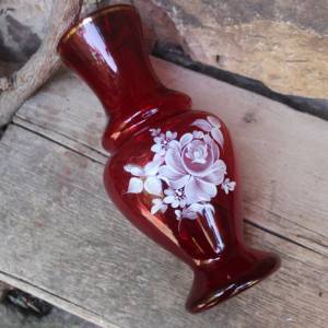 Vase rubinrotes Glas Rosendekor Emaillefarben 50er 60er Jahre Vintage DDR Bild 7