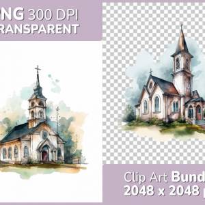 Kirche Clipart Bundle - 8x PNG Bilder Transparenter Hintergrund - Aquarell gemalte Kapellen - Freigestellte Grafik Bild 1