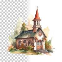 Kirche Clipart Bundle - 8x PNG Bilder Transparenter Hintergrund - Aquarell gemalte Kapellen - Freigestellte Grafik Bild 10