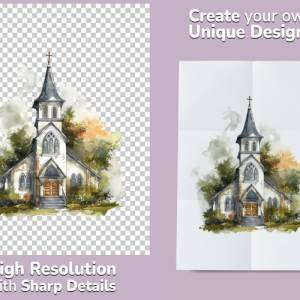 Kirche Clipart Bundle - 8x PNG Bilder Transparenter Hintergrund - Aquarell gemalte Kapellen - Freigestellte Grafik Bild 2