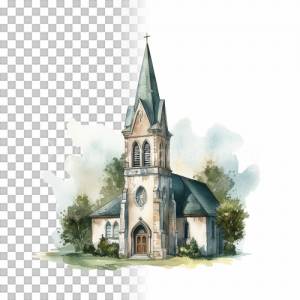 Kirche Clipart Bundle - 8x PNG Bilder Transparenter Hintergrund - Aquarell gemalte Kapellen - Freigestellte Grafik Bild 3