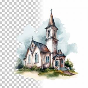 Kirche Clipart Bundle - 8x PNG Bilder Transparenter Hintergrund - Aquarell gemalte Kapellen - Freigestellte Grafik Bild 4