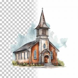 Kirche Clipart Bundle - 8x PNG Bilder Transparenter Hintergrund - Aquarell gemalte Kapellen - Freigestellte Grafik Bild 5