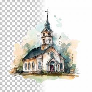 Kirche Clipart Bundle - 8x PNG Bilder Transparenter Hintergrund - Aquarell gemalte Kapellen - Freigestellte Grafik Bild 6