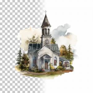 Kirche Clipart Bundle - 8x PNG Bilder Transparenter Hintergrund - Aquarell gemalte Kapellen - Freigestellte Grafik Bild 8