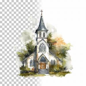 Kirche Clipart Bundle - 8x PNG Bilder Transparenter Hintergrund - Aquarell gemalte Kapellen - Freigestellte Grafik Bild 9