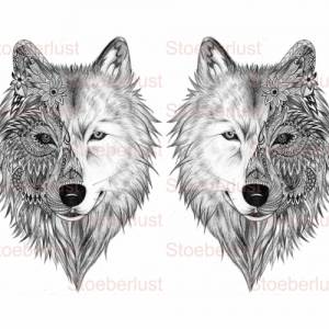 Wolf, Wolfskopf gezeichnet  Ornamente rechs oder links  Decal, Abziehbild wasserfest Transferfolie, Möbeltattoo DIY Bild 1