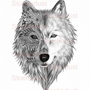 Wolf, Wolfskopf gezeichnet  Ornamente rechs oder links  Decal, Abziehbild wasserfest Transferfolie, Möbeltattoo DIY Bild 2