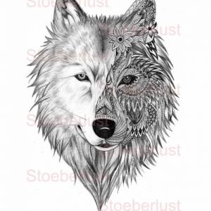 Wolf, Wolfskopf gezeichnet  Ornamente rechs oder links  Decal, Abziehbild wasserfest Transferfolie, Möbeltattoo DIY Bild 3