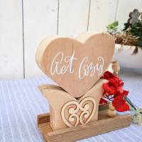 Herz auf Holzsockel Wohndeko mit Trockenblumen und Spruch Bild 2
