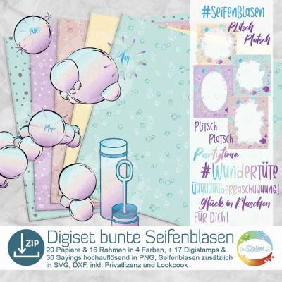 Digistampset bunte Seifenblasen, Digipapiere, Sayings, Schneidedatei rund ums Seifenblasen pusten, Blubberblasen machen