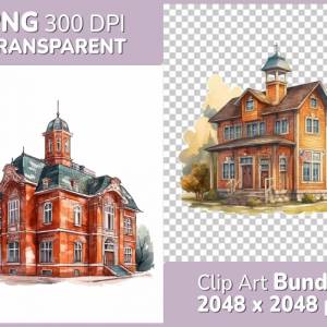 Schule Clipart Bundle - 8x PNG Bilder Transparenter Hintergrund - Aquarell gemalte Schulgebäude - Freigestellte Grafik Bild 1