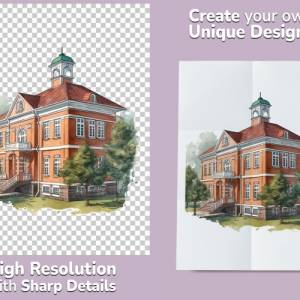 Schule Clipart Bundle - 8x PNG Bilder Transparenter Hintergrund - Aquarell gemalte Schulgebäude - Freigestellte Grafik Bild 2