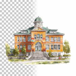 Schule Clipart Bundle - 8x PNG Bilder Transparenter Hintergrund - Aquarell gemalte Schulgebäude - Freigestellte Grafik Bild 4