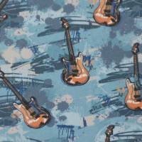 ♕ jeansblauer Jersey mit Gitarren Musik Rock  50 cm x 150 cm nähen elastisch ♕ Bild 1