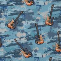 ♕ jeansblauer Jersey mit Gitarren Musik Rock  50 cm x 150 cm nähen elastisch ♕ Bild 3