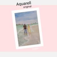 Aquarell, DIN A4 "walk on the beach", original & signiert Bild 2