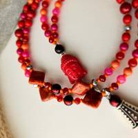 Buddha Kette, lange Kette mit Anhänger, lange Perlenkette, Kette orange, Edelsteinkette, Kette Koralle Bild 6
