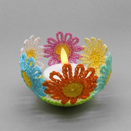 Häkelanleitung Blumen-Teelichthalter - einfach aus Wollresten