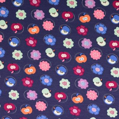 BIO - Jersey Baumwolljersey Blumen Apfel dunkelblau  Organic Cotton (1m/13,-€)