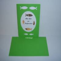Karte, Geldkarte zur Konfirmation Klappkarte-3geteilt mit Umschlag in grün- Passepartout mit 4 ausgeschnittenen Fischen. Bild 1