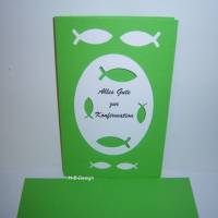 Karte, Geldkarte zur Konfirmation Klappkarte-3geteilt mit Umschlag in grün- Passepartout mit 4 ausgeschnittenen Fischen. Bild 2
