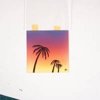 Mini Bild bunte Sonnenuntergang mit Palmen, Maritime Miniatur Original Bild, Kunst aus der Sprühpistole Bild 1