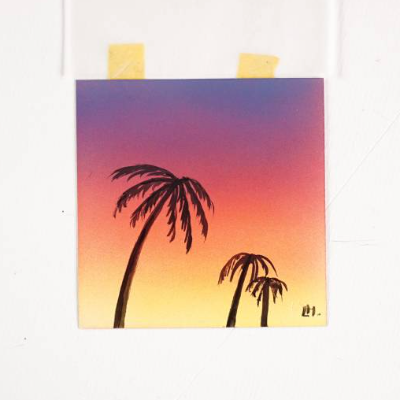 Mini Bild bunte Sonnenuntergang mit Palmen, Maritime Miniatur Original Bild, Kunst aus der Sprühpistole