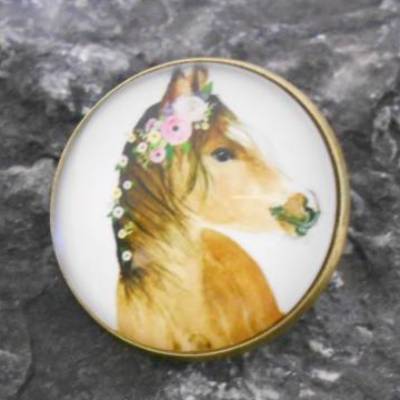 Bronze Pferd Brosche 25 mm  rund mit Glascabochon