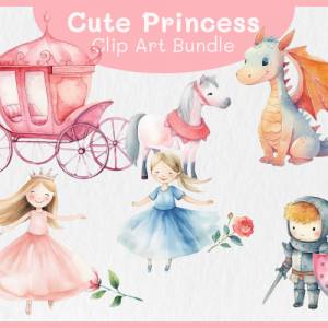 Süße Prinzessinen & Ritter Clipart Bundle - 13x PNG Bilder Transparenter Hintergrund - Aquarell gemalte Prinzessin Bild 1
