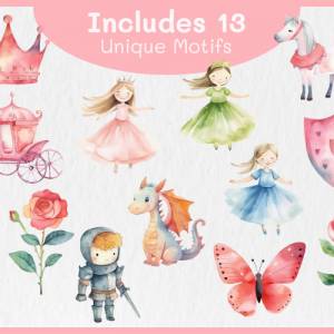 Süße Prinzessinen & Ritter Clipart Bundle - 13x PNG Bilder Transparenter Hintergrund - Aquarell gemalte Prinzessin Bild 2