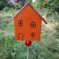 Gartenstecker Haus orange Holz handgefertigt #2 Bild 1