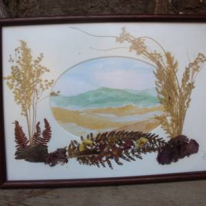 Aquarell mit gepressten Gräsern Collage Handmade Holzrahmen Vintage Bild 1