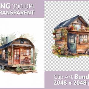 Kleines Haus Clipart Bundle, 8x detaillierte Aquarell Motive PNG transparenter Hintergrund, Kommerziell Nutzbar, Archite Bild 1