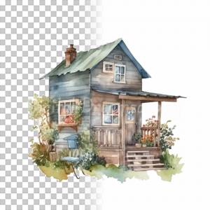 Kleines Haus Clipart Bundle, 8x detaillierte Aquarell Motive PNG transparenter Hintergrund, Kommerziell Nutzbar, Archite Bild 7