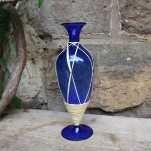 filigrane Lauscha Vase kobaltblaues Glas mit Bast umwickelt mundgeblasen 50er 60er Jahre Vintage DDR GDR Bild 1