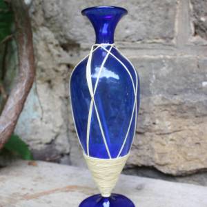 filigrane Lauscha Vase kobaltblaues Glas mit Bast umwickelt mundgeblasen 50er 60er Jahre Vintage DDR GDR Bild 2