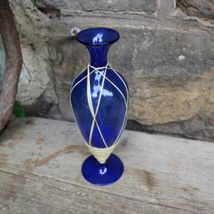 filigrane Lauscha Vase kobaltblaues Glas mit Bast umwickelt mundgeblasen 50er 60er Jahre Vintage DDR GDR Bild 3