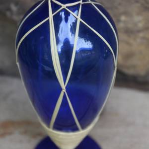 filigrane Lauscha Vase kobaltblaues Glas mit Bast umwickelt mundgeblasen 50er 60er Jahre Vintage DDR GDR Bild 5
